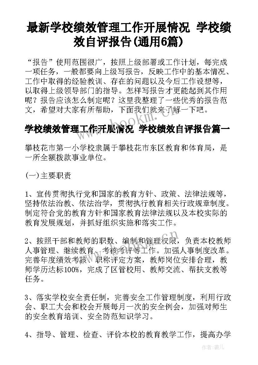 最新学校绩效管理工作开展情况 学校绩效自评报告(通用6篇)