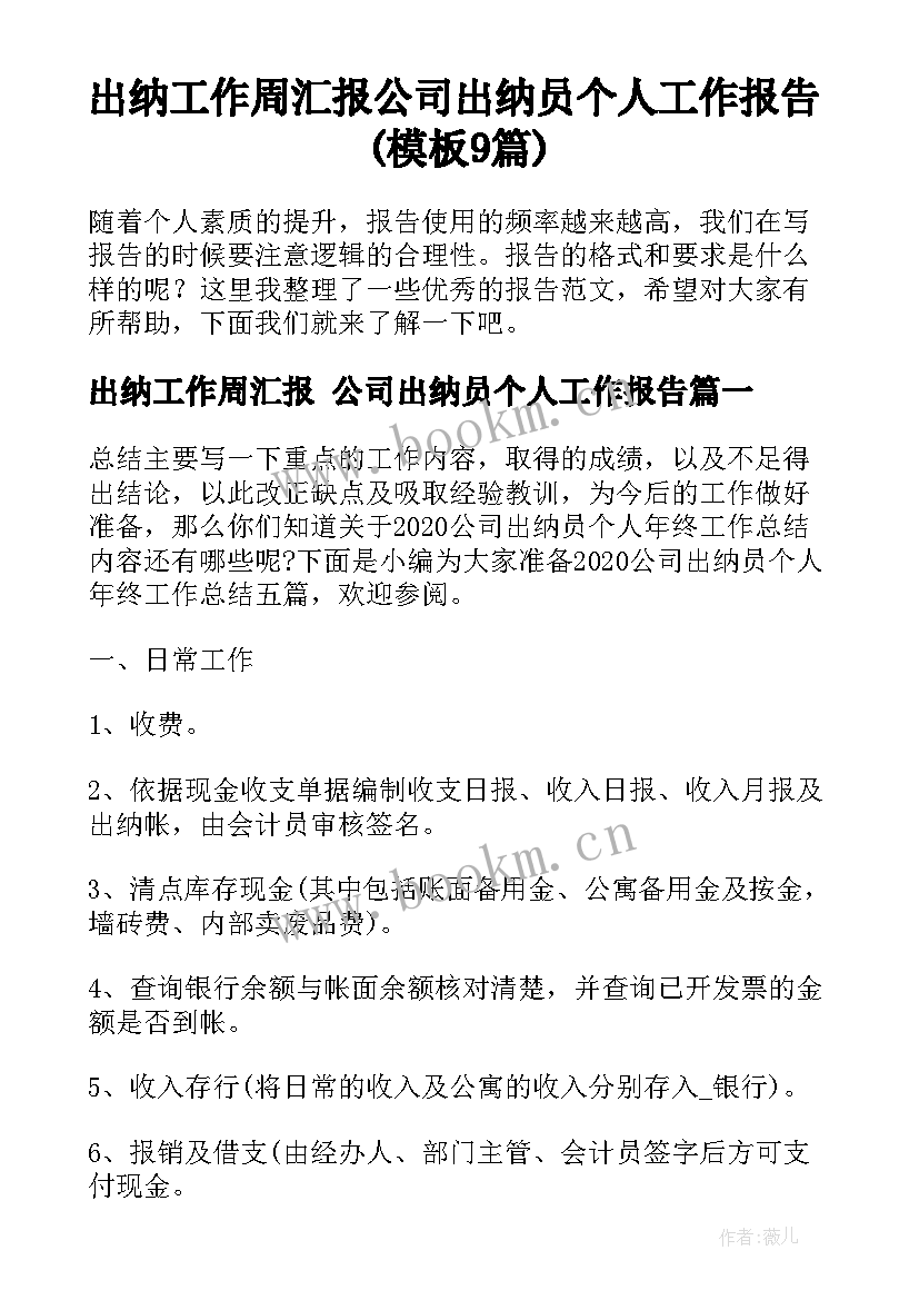 出纳工作周汇报 公司出纳员个人工作报告(模板9篇)