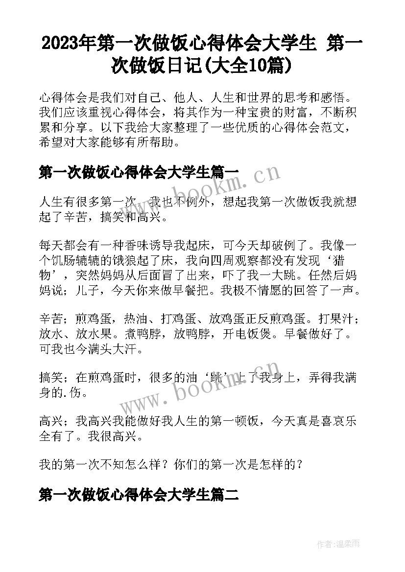 2023年第一次做饭心得体会大学生 第一次做饭日记(大全10篇)