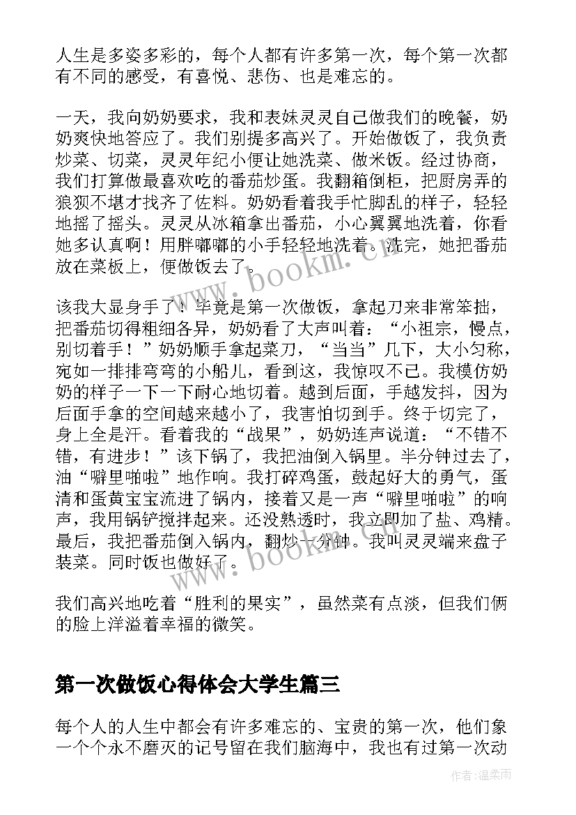 2023年第一次做饭心得体会大学生 第一次做饭日记(大全10篇)