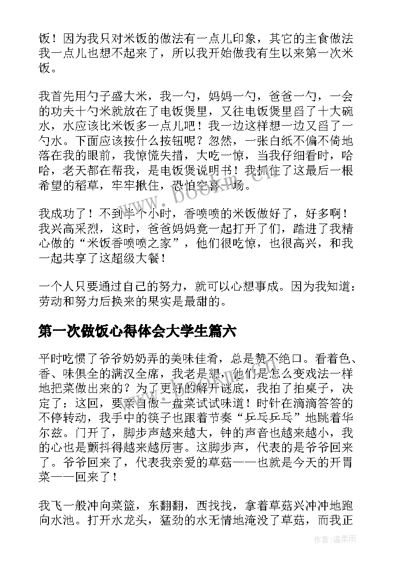 2023年第一次做饭心得体会大学生 第一次做饭日记(大全10篇)