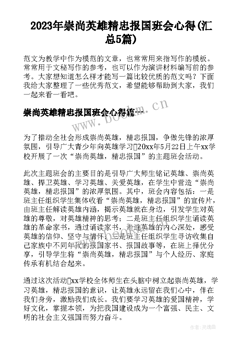 2023年崇尚英雄精忠报国班会心得(汇总5篇)