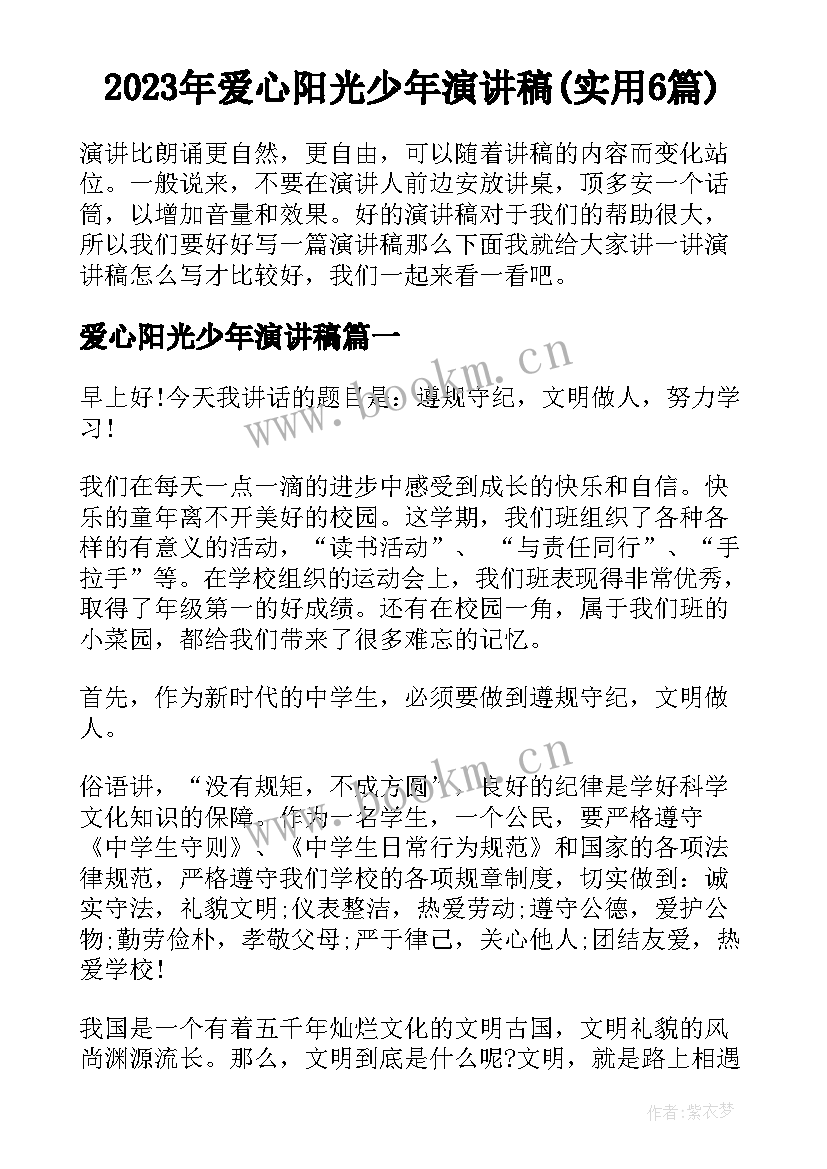 2023年爱心阳光少年演讲稿(实用6篇)