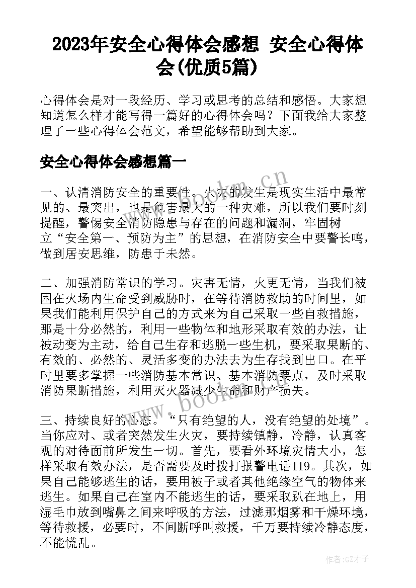 2023年安全心得体会感想 安全心得体会(优质5篇)