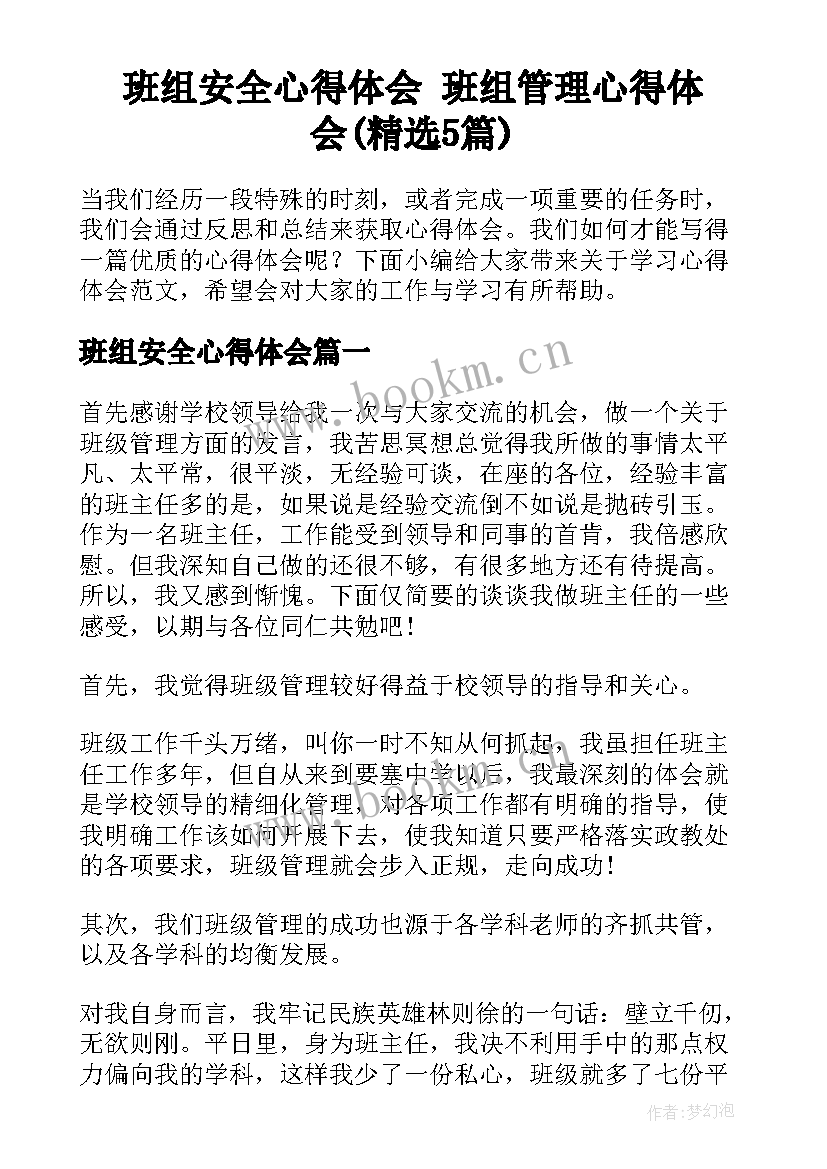 班组安全心得体会 班组管理心得体会(精选5篇)