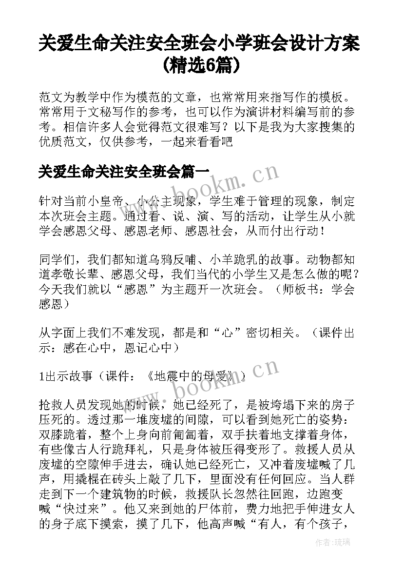 关爱生命关注安全班会 小学班会设计方案(精选6篇)