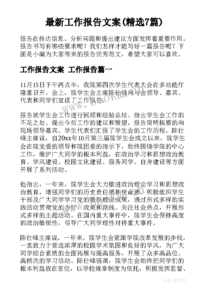 最新工作报告文案(精选7篇)