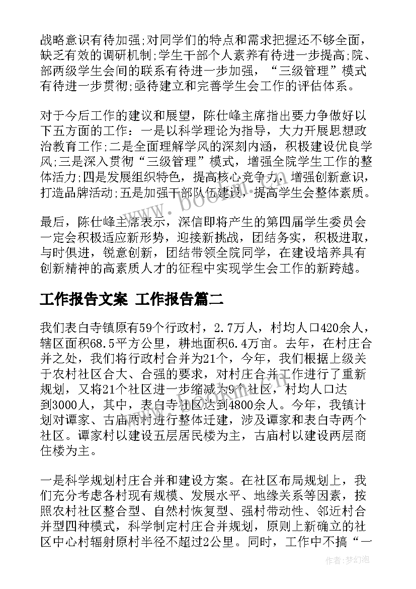 最新工作报告文案(精选7篇)