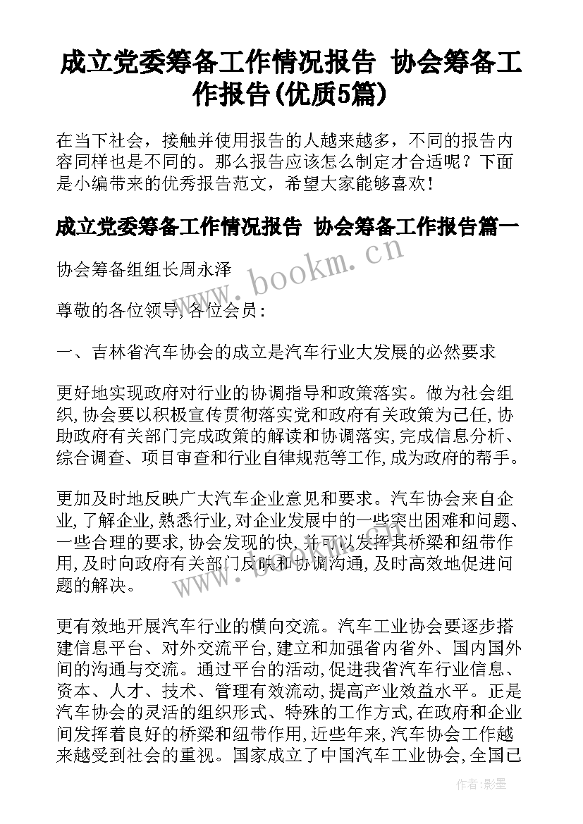 成立党委筹备工作情况报告 协会筹备工作报告(优质5篇)