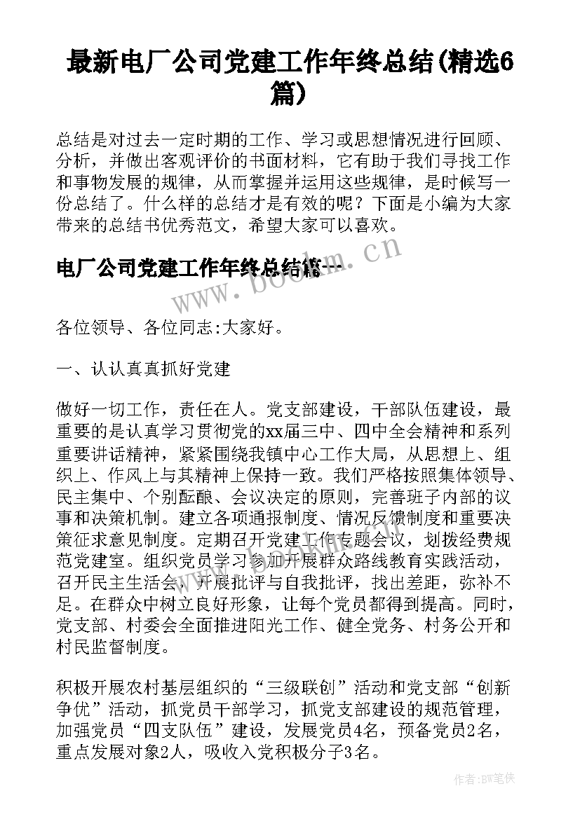 最新电厂公司党建工作年终总结(精选6篇)