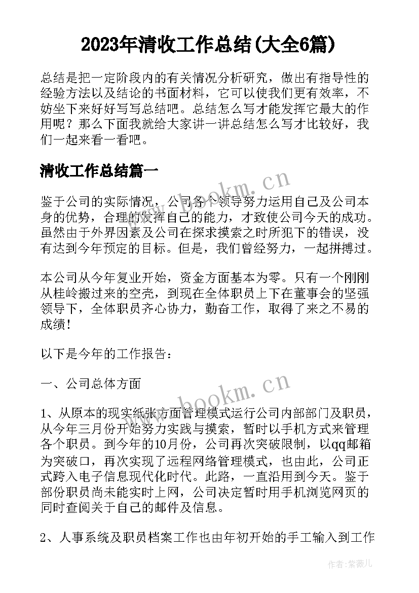 2023年清收工作总结(大全6篇)