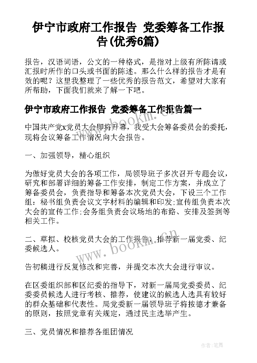 伊宁市政府工作报告 党委筹备工作报告(优秀6篇)