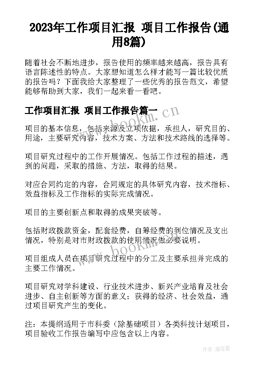 2023年工作项目汇报 项目工作报告(通用8篇)