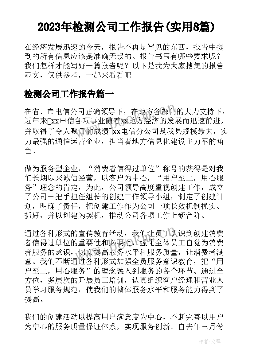 2023年检测公司工作报告(实用8篇)