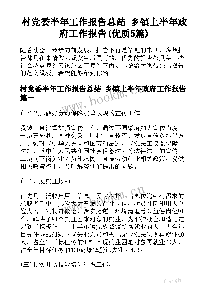 村党委半年工作报告总结 乡镇上半年政府工作报告(优质5篇)