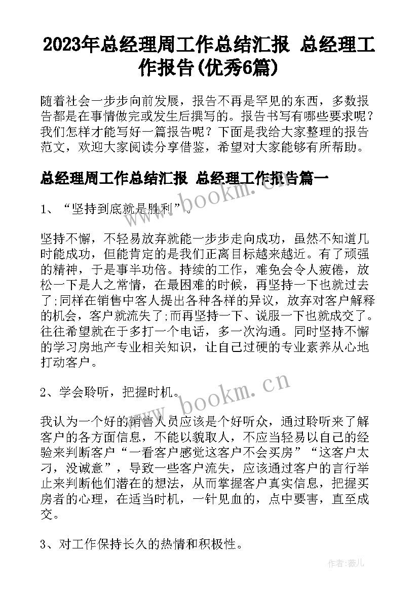 2023年总经理周工作总结汇报 总经理工作报告(优秀6篇)