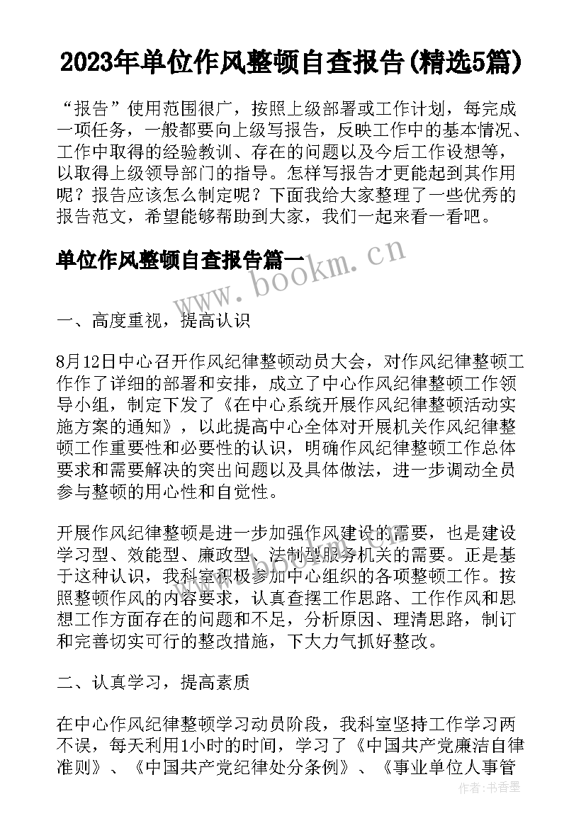 2023年单位作风整顿自查报告(精选5篇)