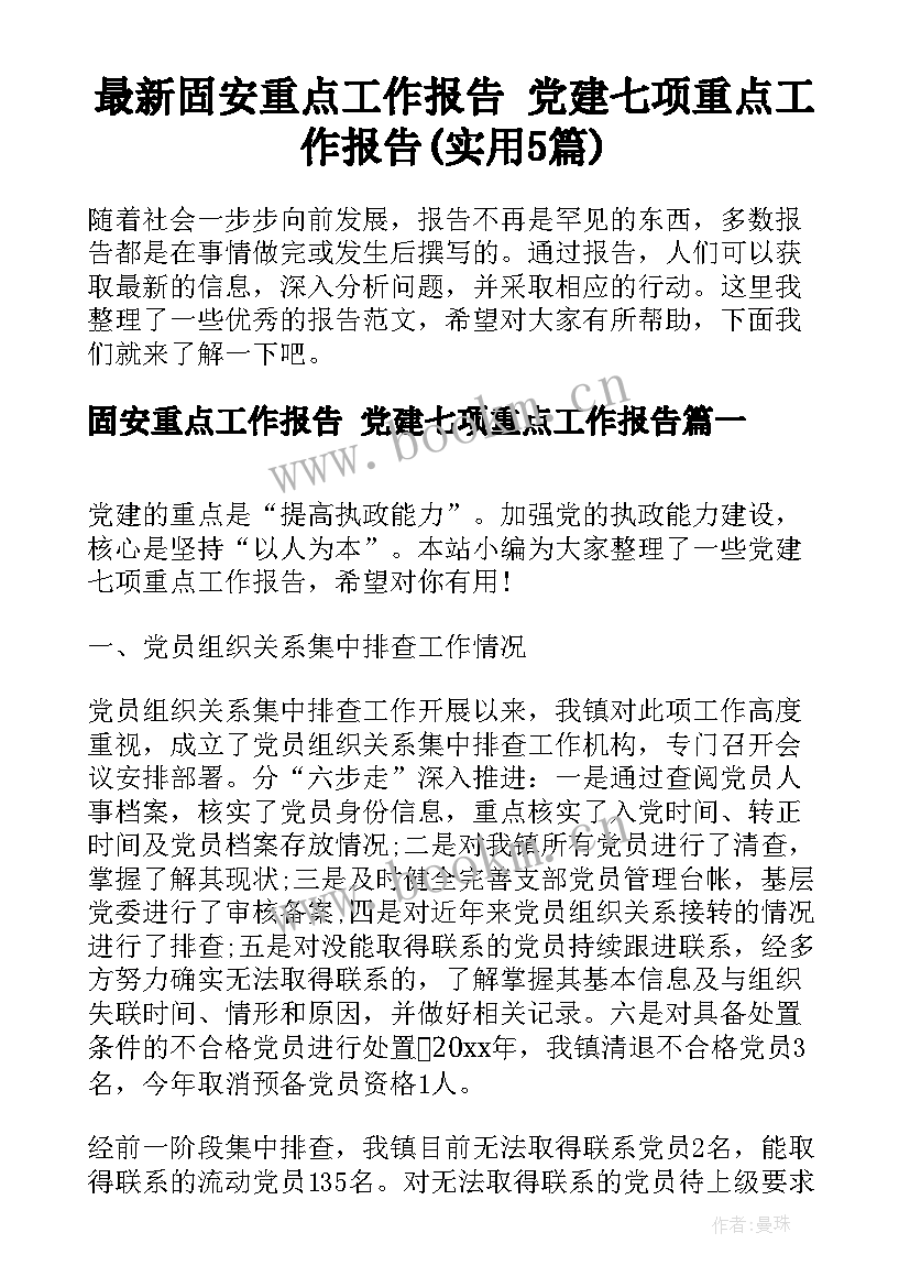 最新固安重点工作报告 党建七项重点工作报告(实用5篇)