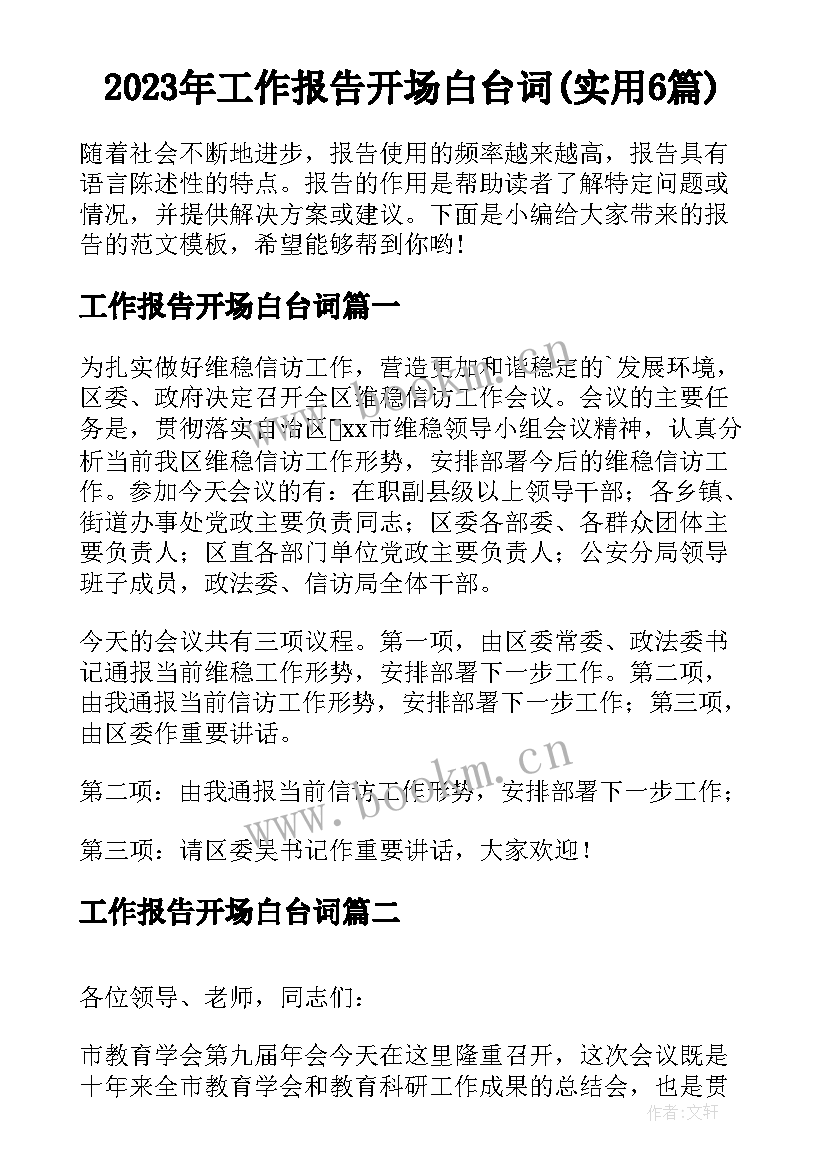 2023年工作报告开场白台词(实用6篇)