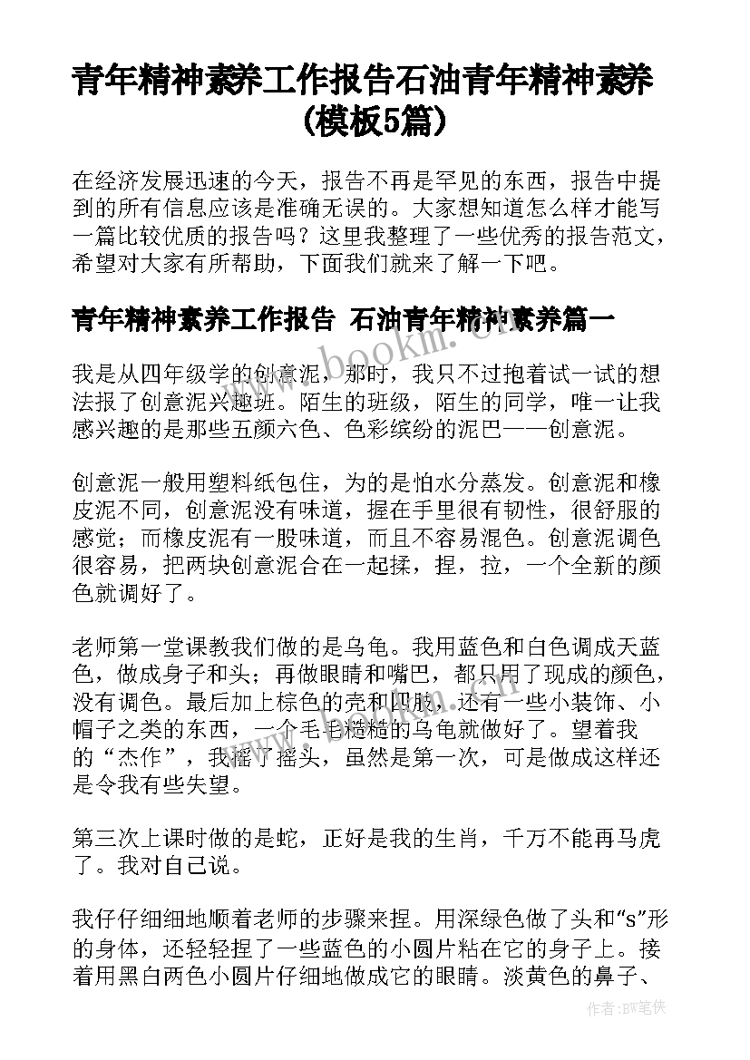 青年精神素养工作报告 石油青年精神素养(模板5篇)