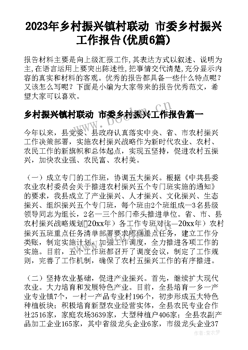 2023年乡村振兴镇村联动 市委乡村振兴工作报告(优质6篇)