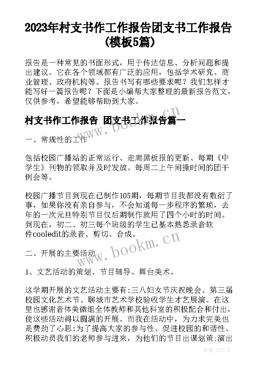 2023年村支书作工作报告 团支书工作报告(模板5篇)