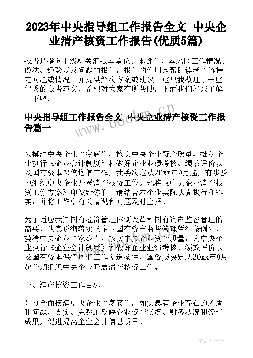 2023年中央指导组工作报告全文 中央企业清产核资工作报告(优质5篇)