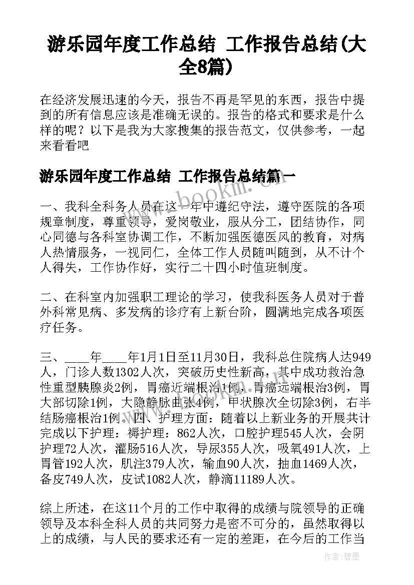 游乐园年度工作总结 工作报告总结(大全8篇)