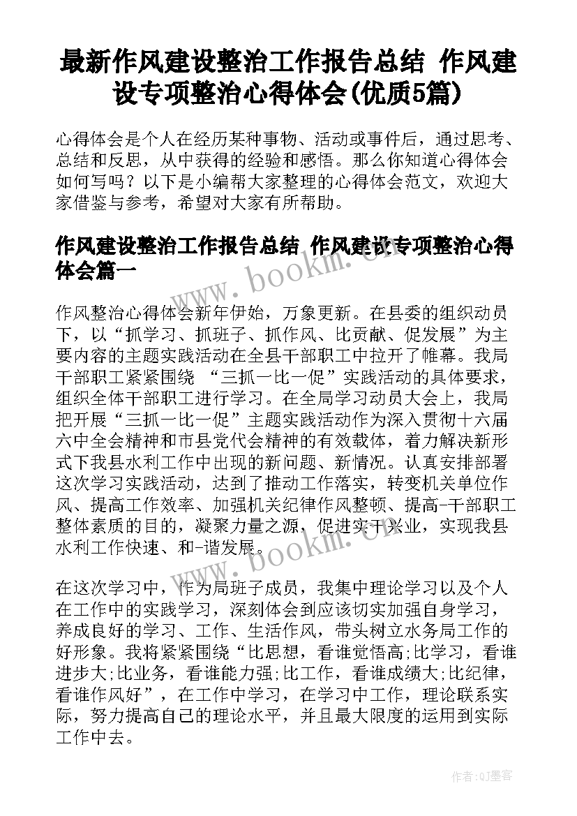 最新作风建设整治工作报告总结 作风建设专项整治心得体会(优质5篇)