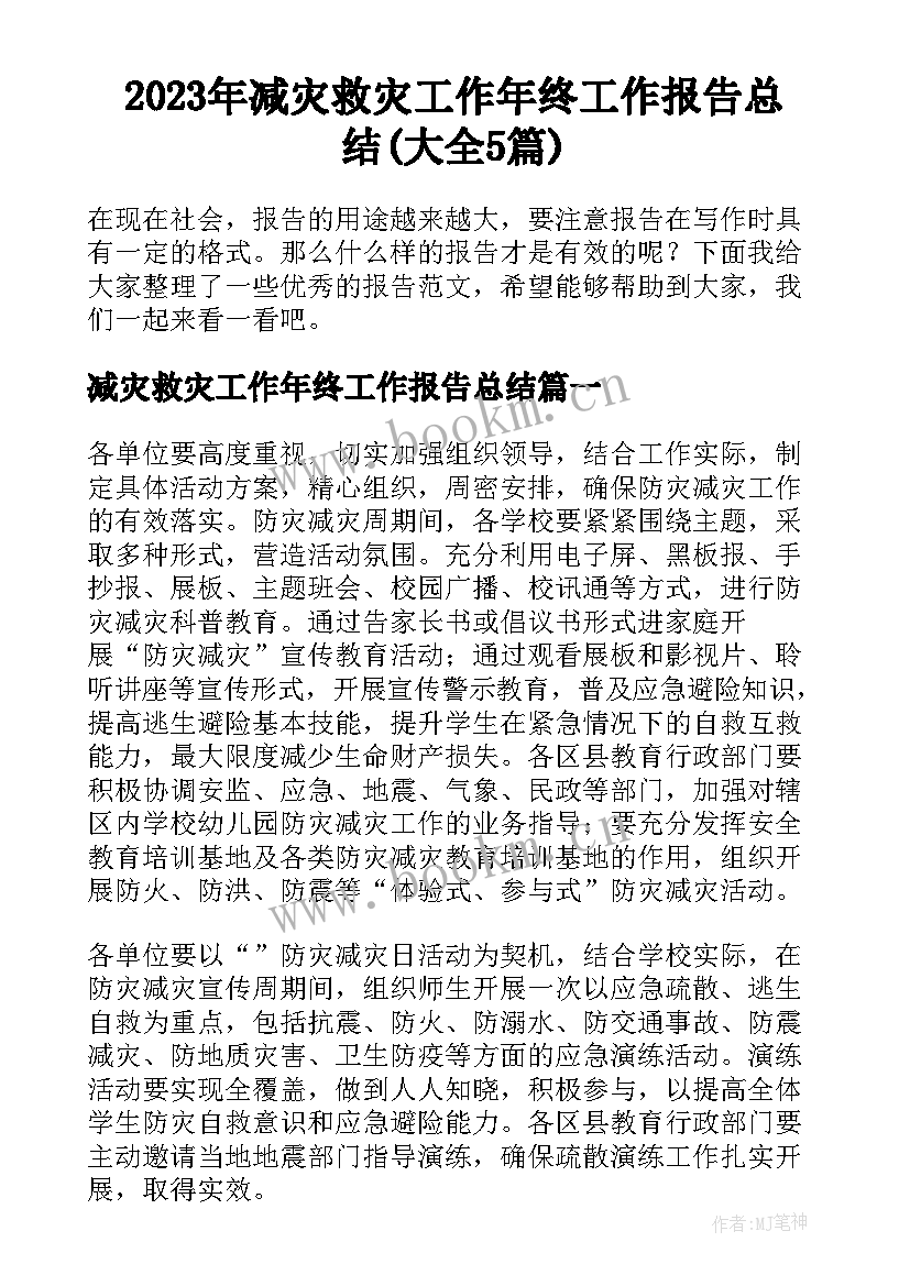 2023年减灾救灾工作年终工作报告总结(大全5篇)