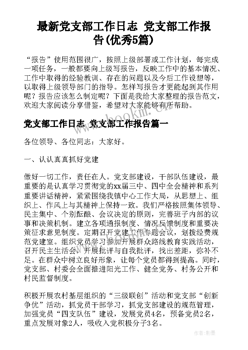 最新党支部工作日志 党支部工作报告(优秀5篇)