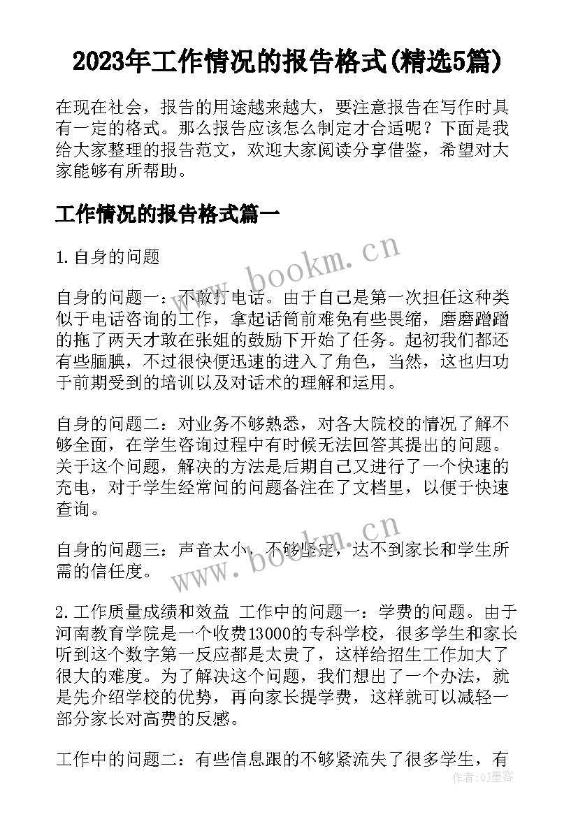 2023年工作情况的报告格式(精选5篇)