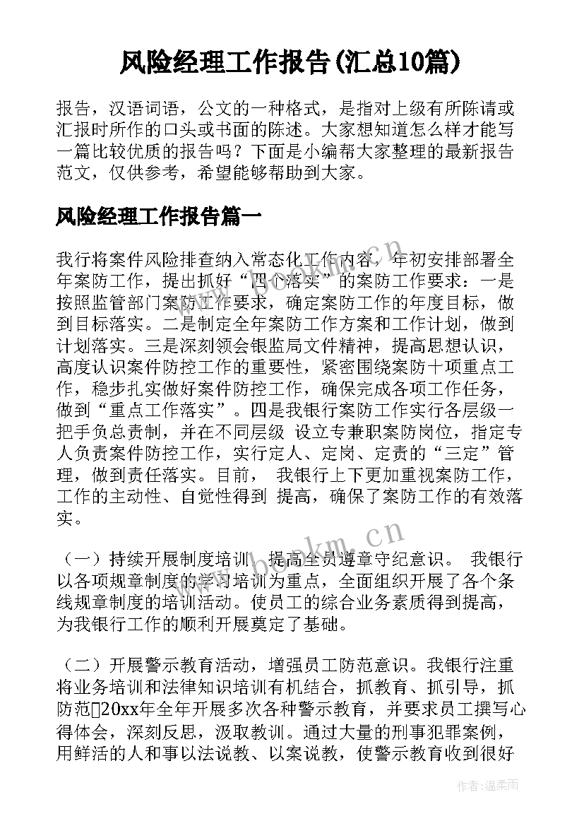 风险经理工作报告(汇总10篇)