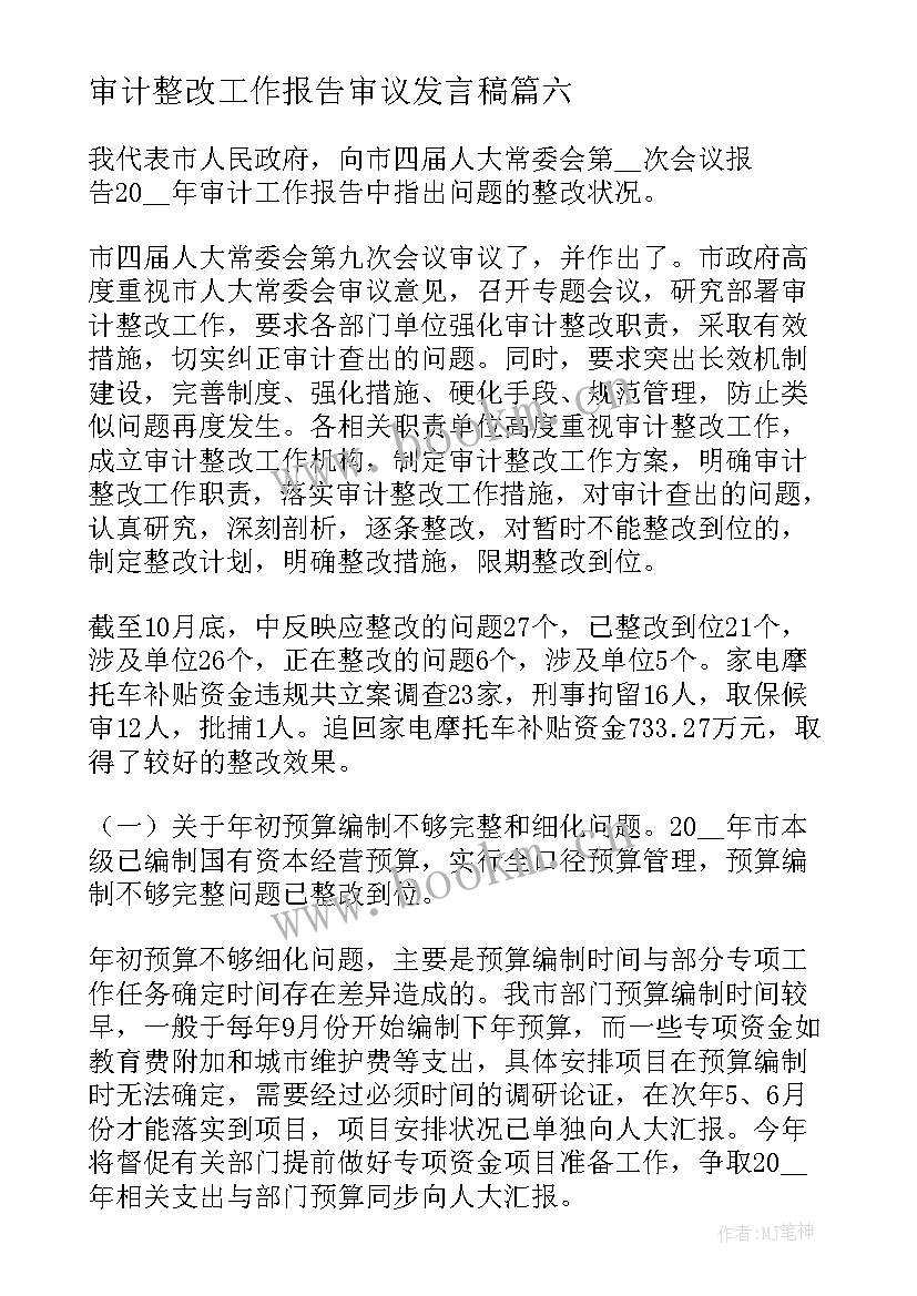 最新审计整改工作报告审议发言稿(实用8篇)