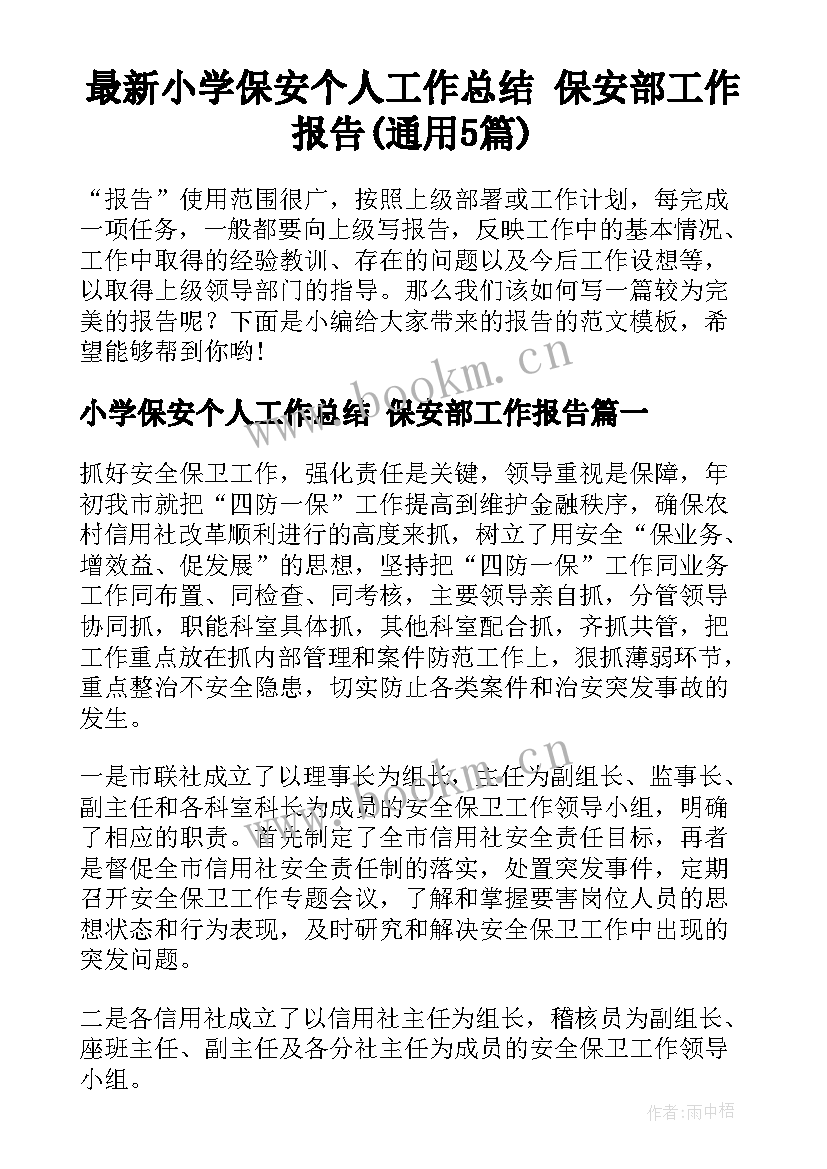 最新小学保安个人工作总结 保安部工作报告(通用5篇)