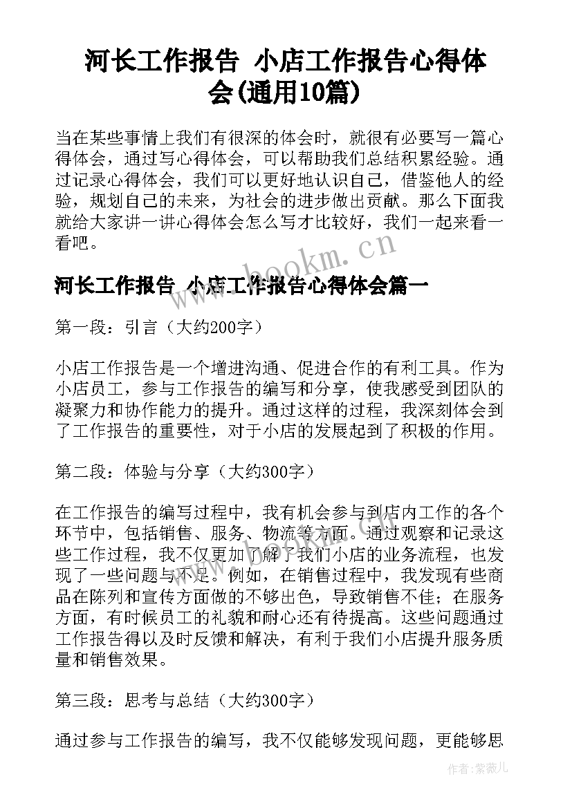 河长工作报告 小店工作报告心得体会(通用10篇)