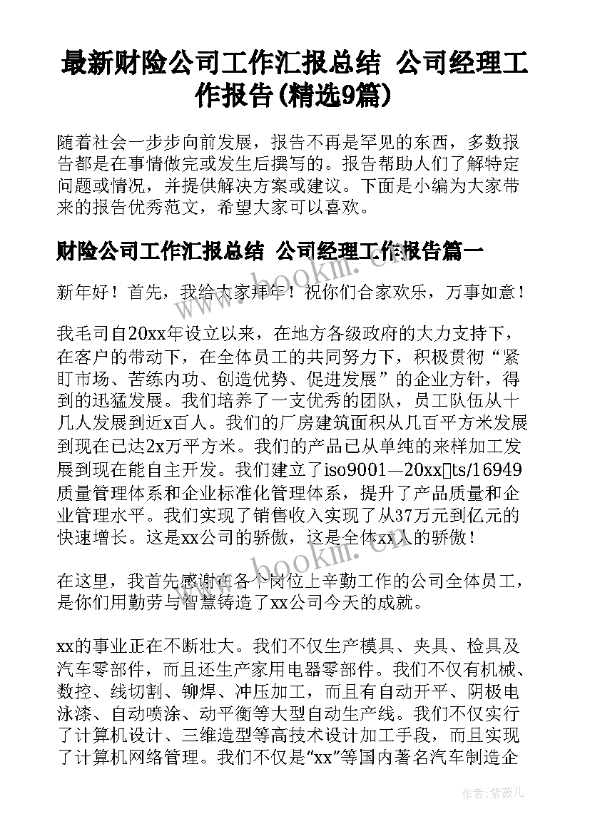 最新财险公司工作汇报总结 公司经理工作报告(精选9篇)