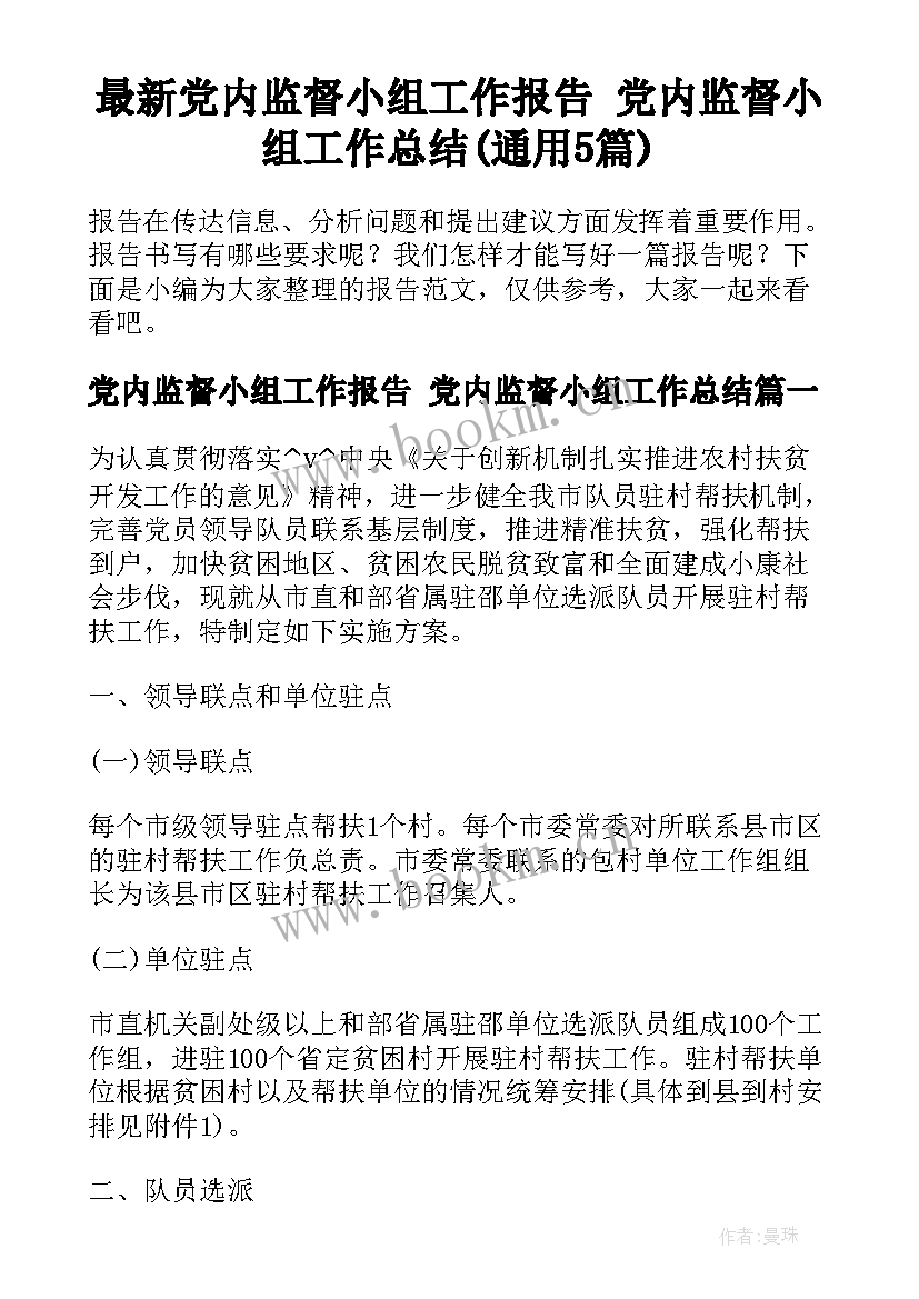 最新党内监督小组工作报告 党内监督小组工作总结(通用5篇)