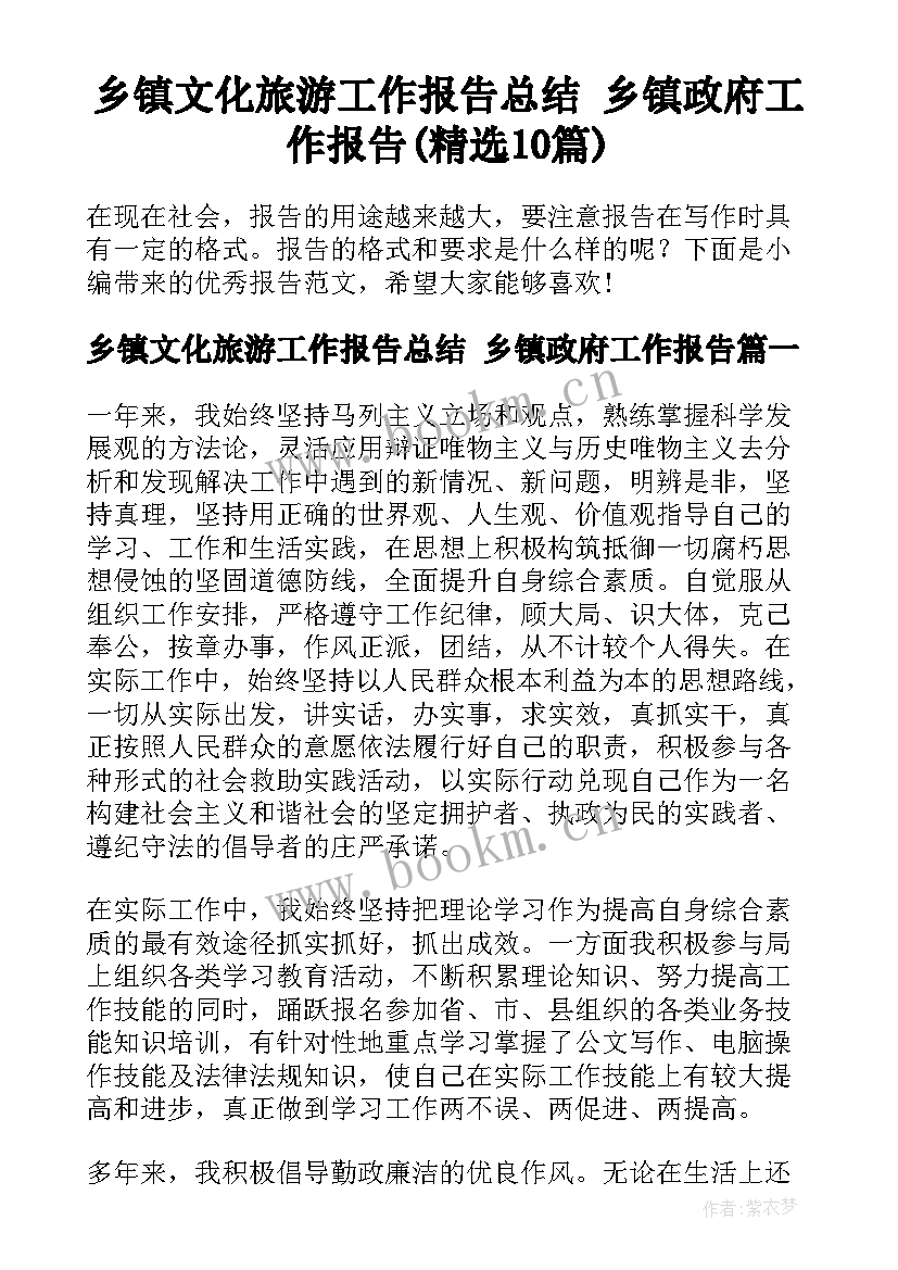 乡镇文化旅游工作报告总结 乡镇政府工作报告(精选10篇)