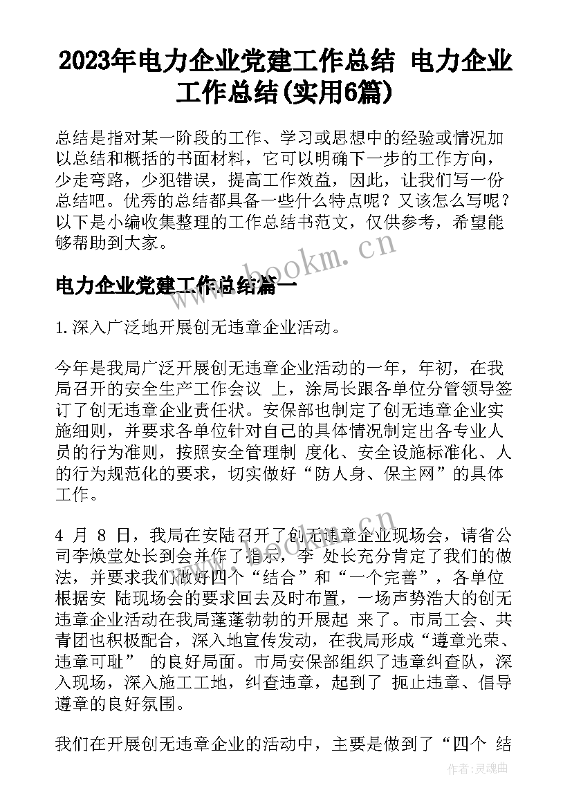 2023年电力企业党建工作总结 电力企业工作总结(实用6篇)