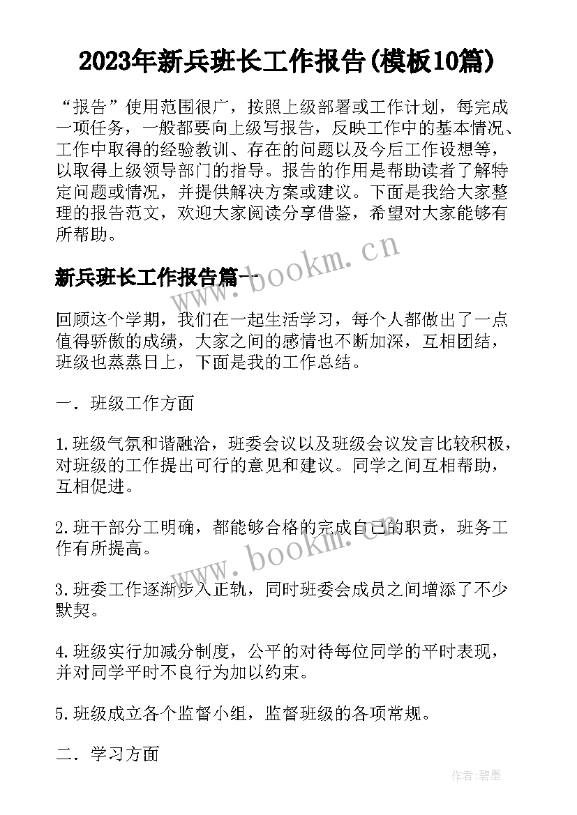 2023年新兵班长工作报告(模板10篇)