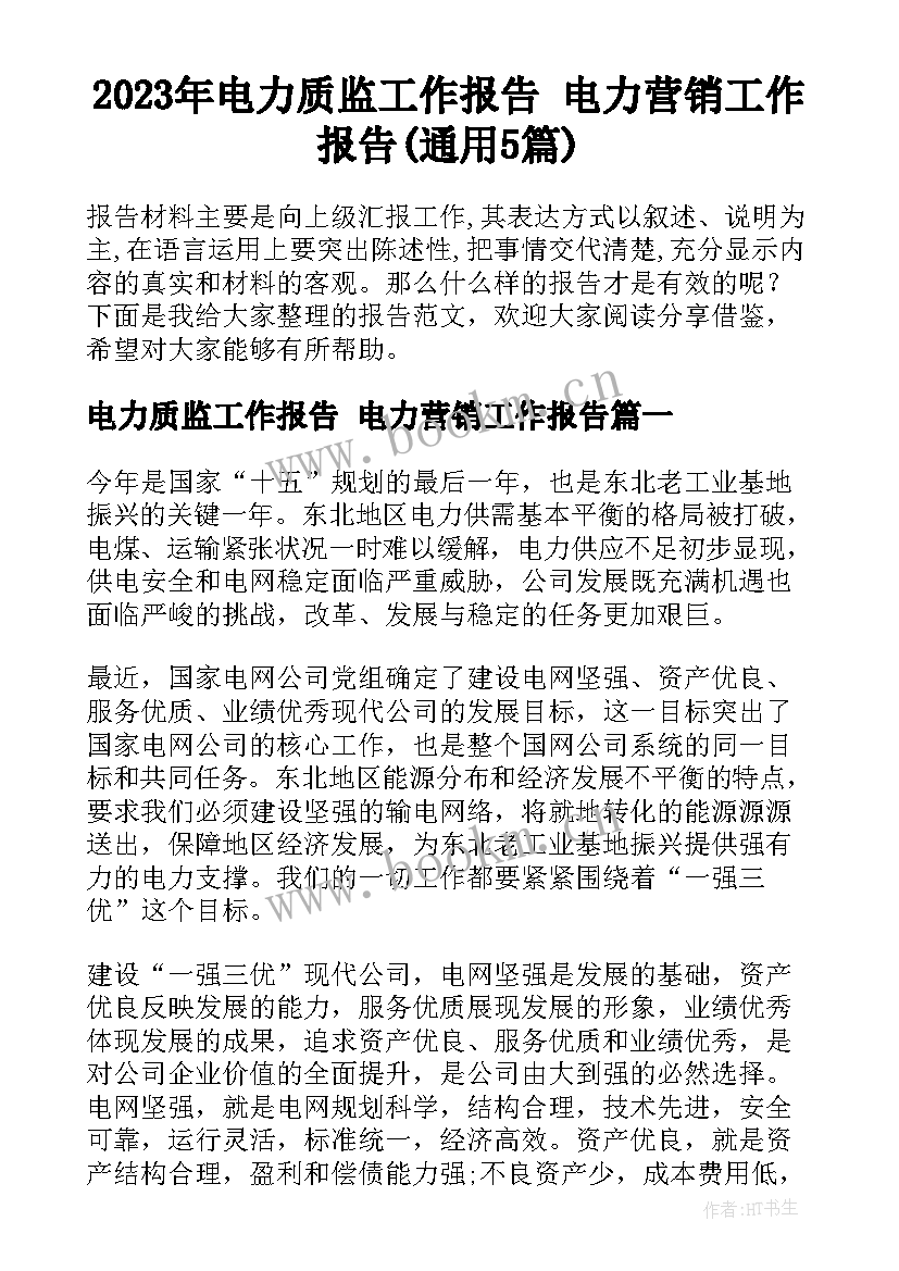 2023年电力质监工作报告 电力营销工作报告(通用5篇)