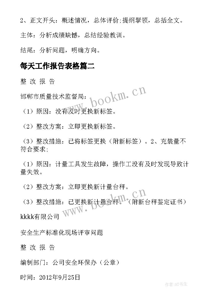 最新每天工作报告表格(模板7篇)