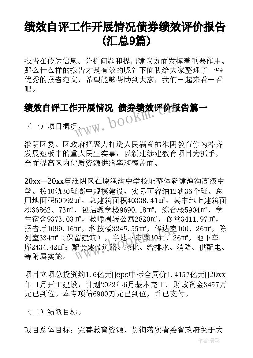 绩效自评工作开展情况 债券绩效评价报告(汇总9篇)