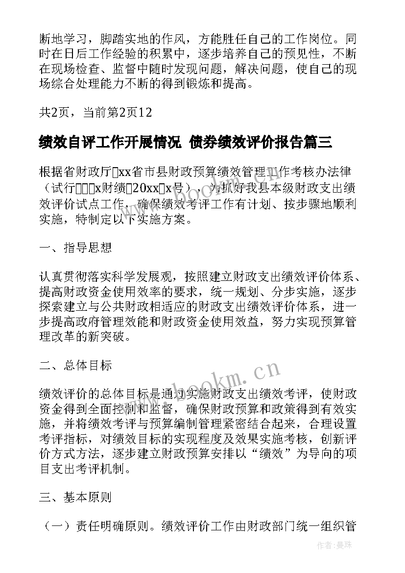 绩效自评工作开展情况 债券绩效评价报告(汇总9篇)