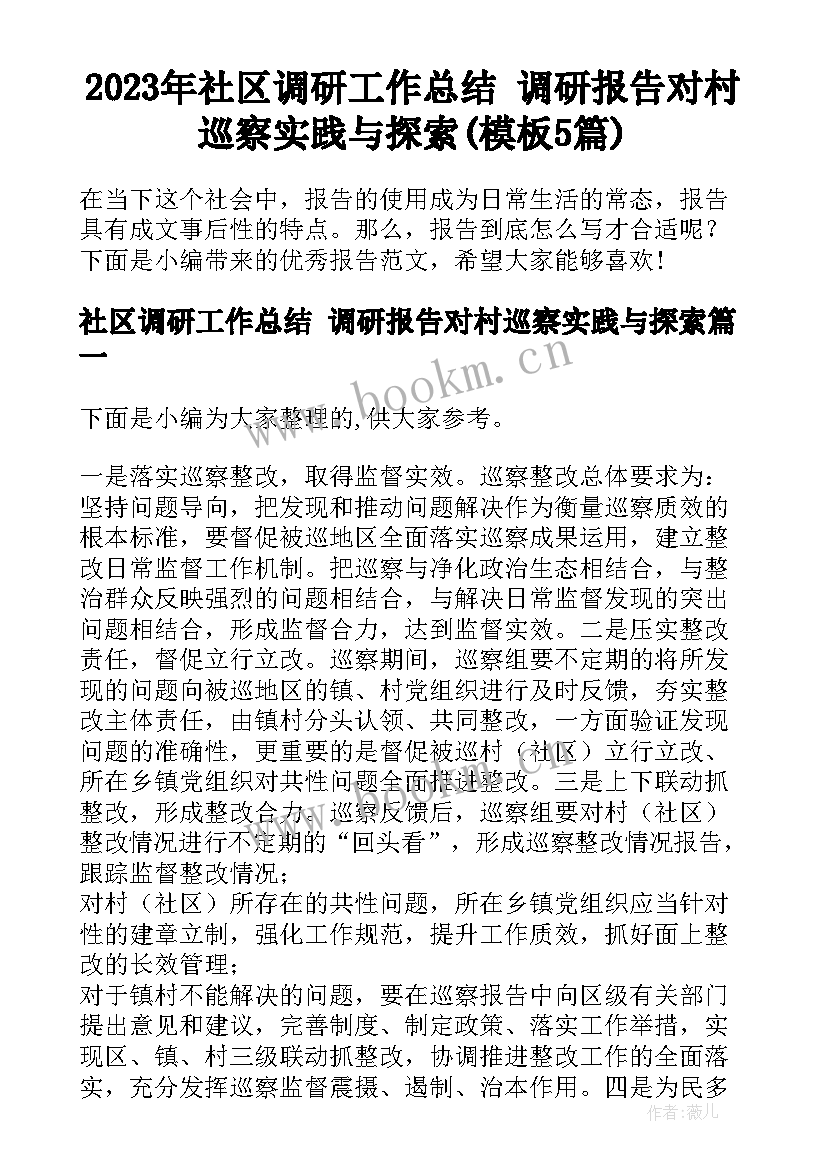 2023年社区调研工作总结 调研报告对村巡察实践与探索(模板5篇)