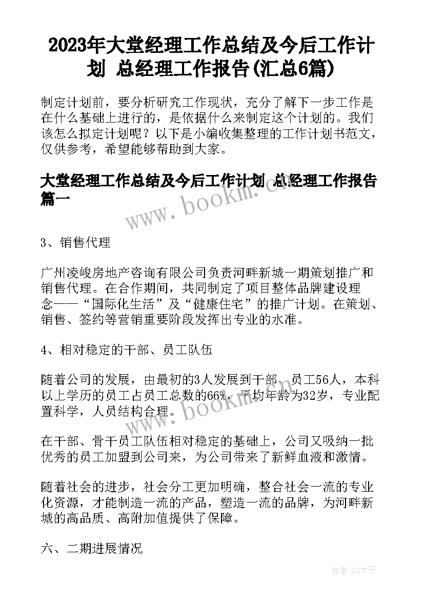 2023年大堂经理工作总结及今后工作计划 总经理工作报告(汇总6篇)