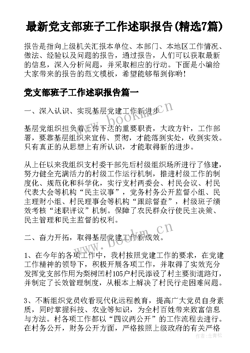 最新党支部班子工作述职报告(精选7篇)