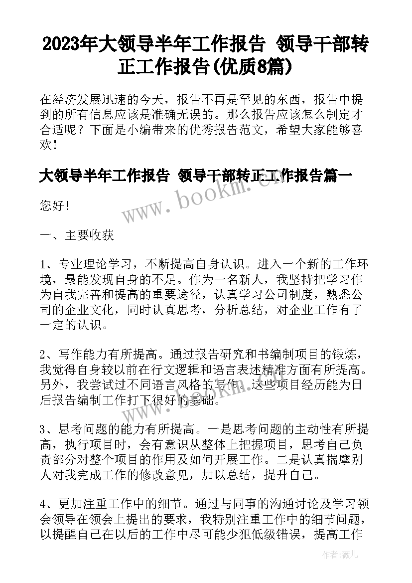 2023年大领导半年工作报告 领导干部转正工作报告(优质8篇)