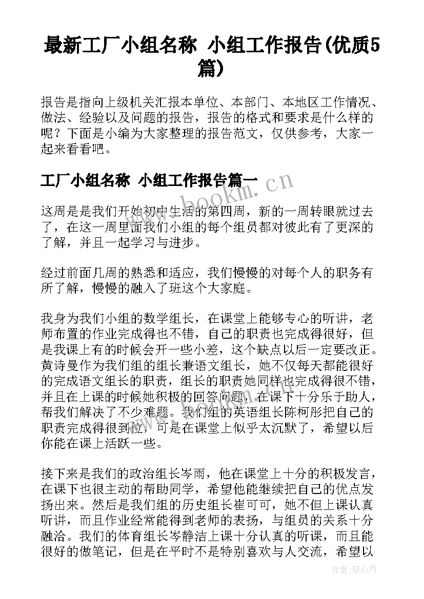 最新工厂小组名称 小组工作报告(优质5篇)